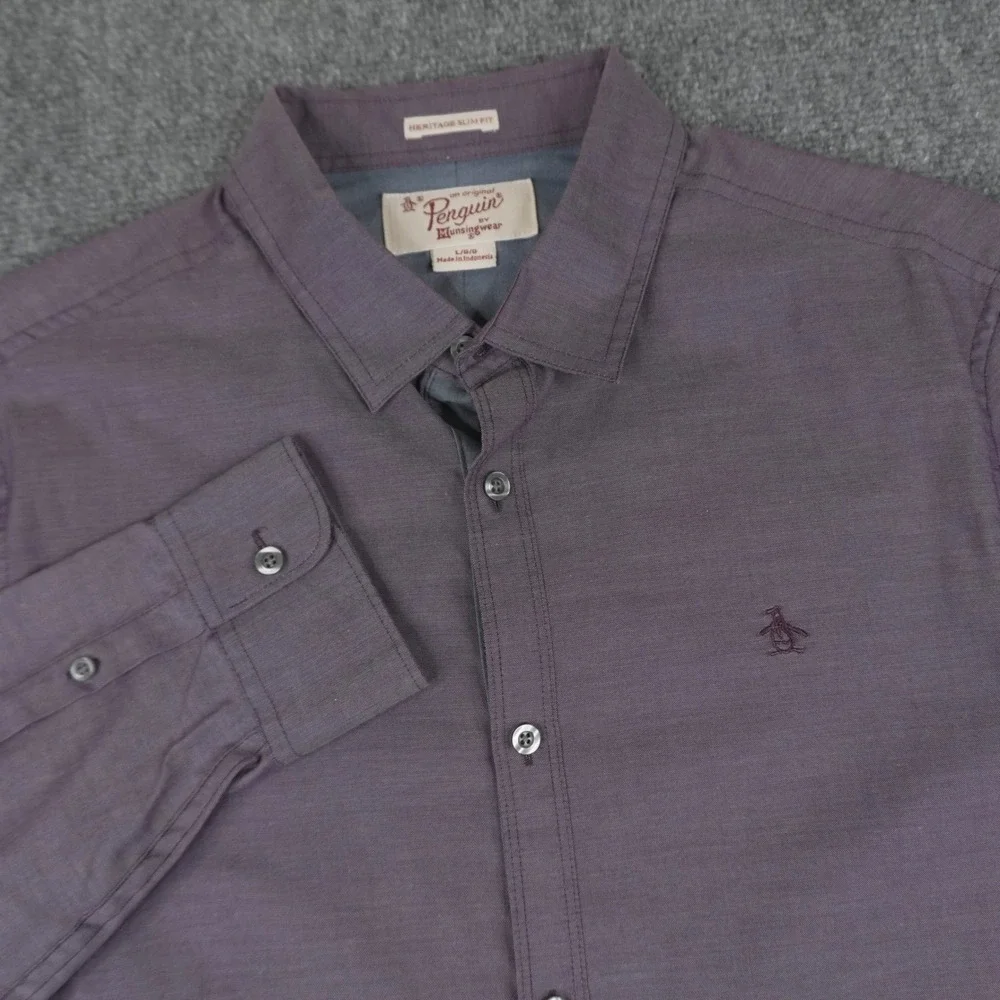 Original Penguin Button Up Shirt Mens Large Purple Heritage Slim Fit Long Sleeve